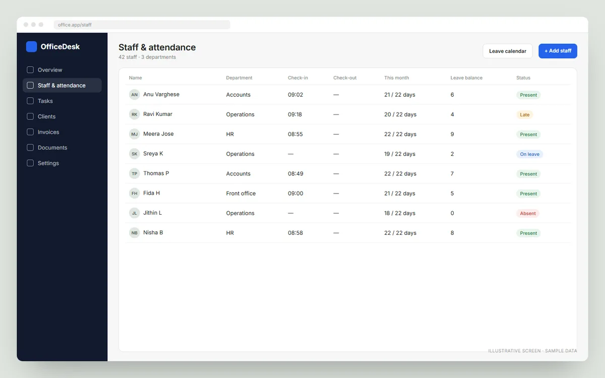 Office management suite — illustrative screen 2